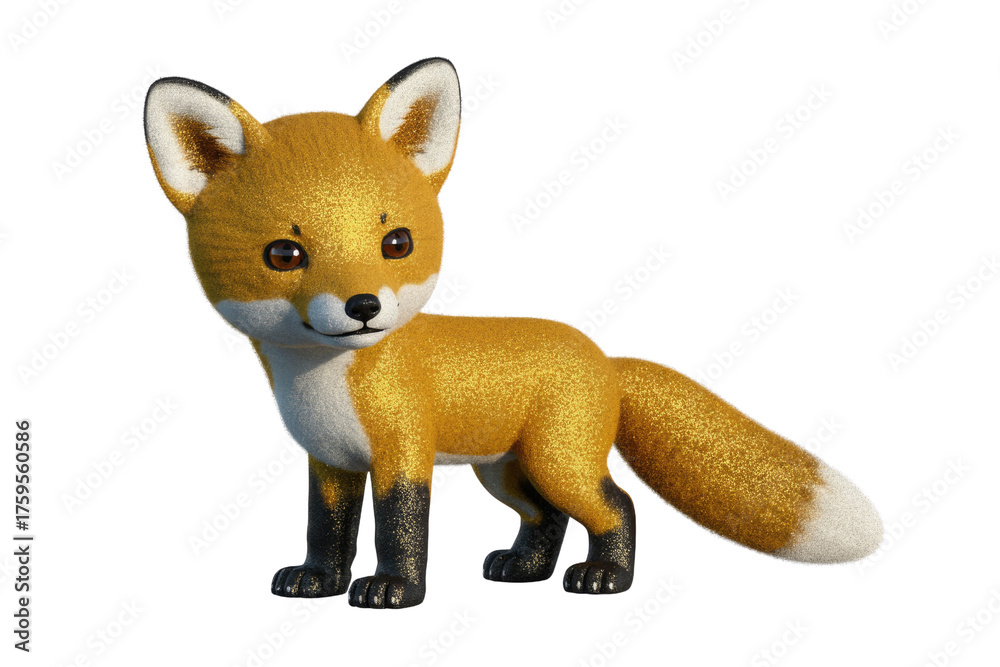 Fototapeta premium Adorable golden glitter fox, 3D render, standing, cute, fluffy tail. background removed