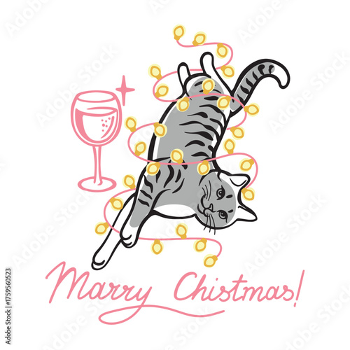 Cute Gray Cat Tangled In Christmas Lights With Wine Glass And Merry Christmas Text. Festive Cartoon Illustration For Holiday Cards, Stickers, And Gifts