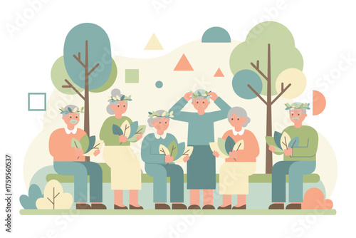 Happy elderly people wearing leaf crowns and holding leaves in a park Healthy aging and nature
