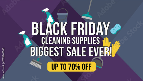 Black Friday cleaning supplies sale banner huge discounts on essential home and business cleaning tools