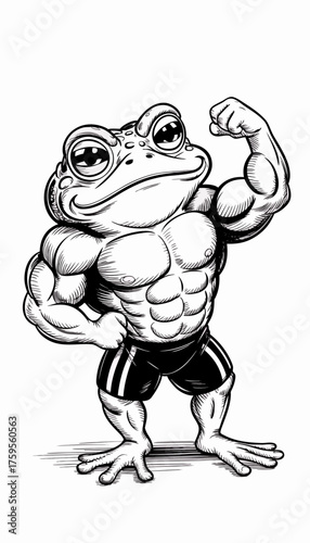 A black and white ink illustration of a muscular toad
wearing black shorts with white stripes