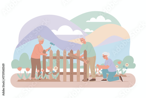 Seniors collaborate on fence repair and gardening enjoying active outdoor lifestyle