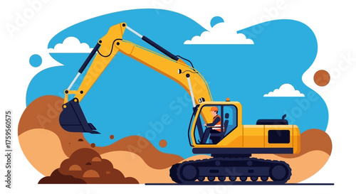 Yellow excavator with operator digging soil at a construction site under a blue sky Industry concept
