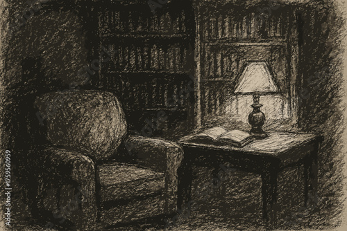 Suggested shadows furniture illustration room charcoal study textured lamp bookshelf shading vector