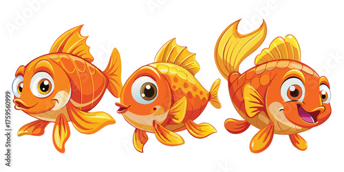 Vector art of three cute and happy goldfish with big eyes in three different point of view and different expression