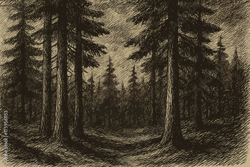 Hatched forest moody hatching vector pine bark illustration tall trees lines foliage