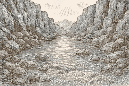Water vector sketch mountain river illustration strokes between cliffs shimmering fine hatch