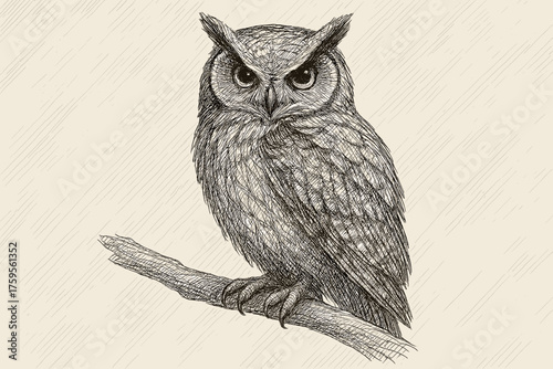 Feathers shading lines branch eyes darkened owl vector portrait illustration hatched