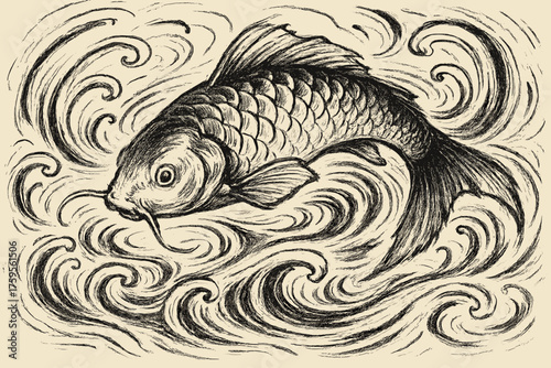 Ink water swirling bold textures fish illustration lines brush ripples swimming koi