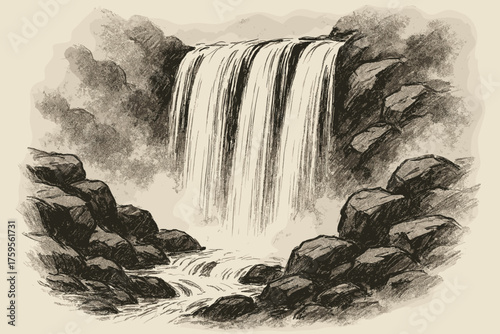 Water inkstroke scene creating illustration soft pouring vertical strokes vector waterfall mist