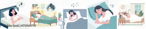 Woman Sleeping at Home Female Relaxing in Bed, Healthy Night Sleep and Rest Concept Illustration
