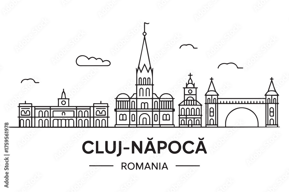 Fototapeta premium Cluj-Napoca Line Art skyline horizontal banner. Cluj-Napoca, Romania. Vector template for your design. with white background
