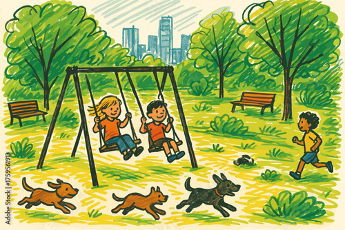 Trees city dogs playful illustration marker swings overlapping benches park vector