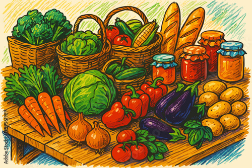 Vegetables market marker illustration table bread all baskets farmer jars vibrant vector