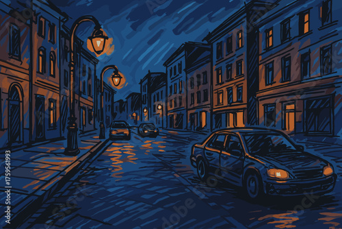 Marker buildings street night shading cars cityscape sketchy glowing vector illustration