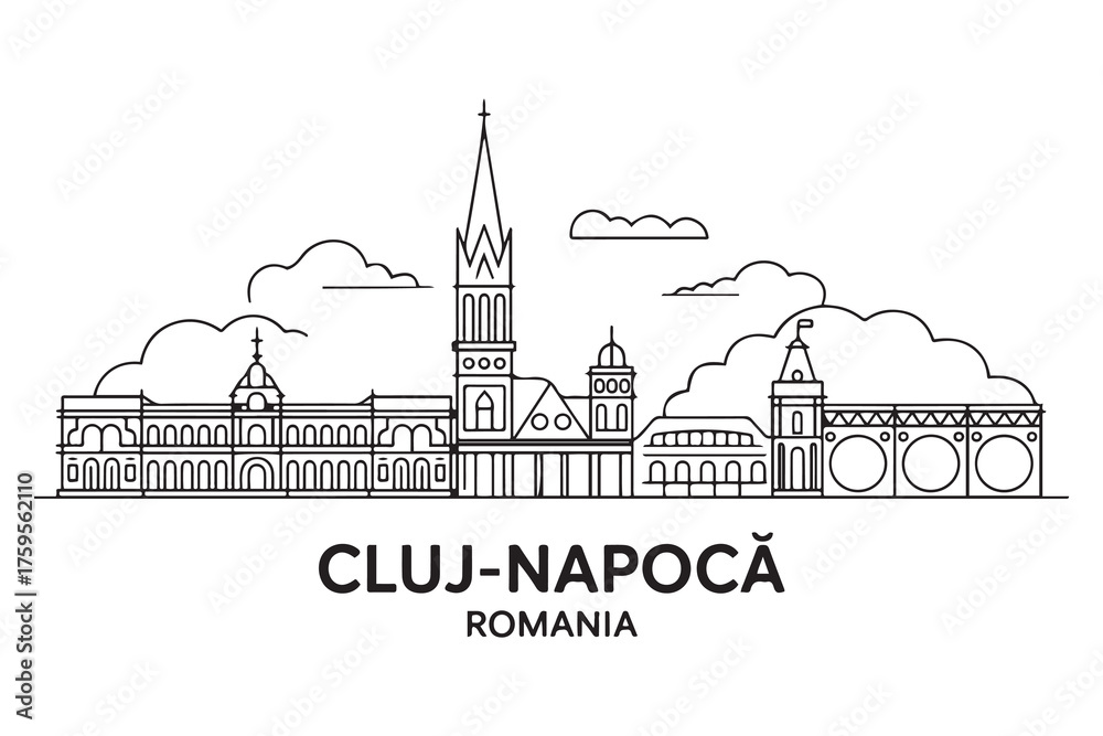 Fototapeta premium Cluj-Napoca Line Art skyline horizontal banner. Cluj-Napoca, Romania. Vector template for your design. with white background