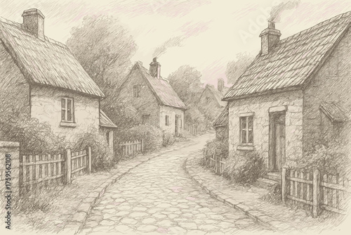 Cobblestones sketch cottages illustration vector village chimneys strokes pencil street rustic