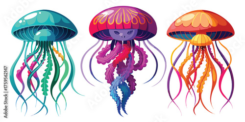 Vector art of three colorful cartoon jellyfish floating in the ocean with different pattern