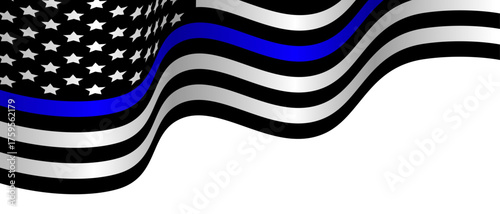 Waving Thin Blue Line Flag. An American symbol of support for law enforcement, police officers, and remembrance of fallen heroes. Vector illustration