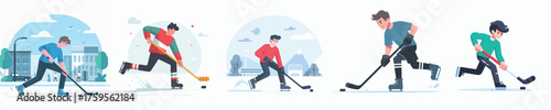 Ice Hockey Player Action Illustration Winter Sport Athletes Skating and Playing Hockey Game