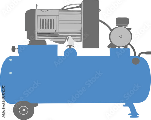 Blue industrial air compressor with electric motor and tank on wheels. Vector