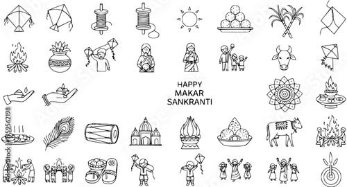 Makar Sankranti Festival Line Art Icons Set. Happy Uttarayan, Pongal, Lohri Holiday Symbols Collection with Kites, Sun, Sweets, Bonfire, and Cows in Outline Style.
