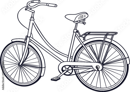 Classic vintage bicycle line drawing with basket and rack. Vector