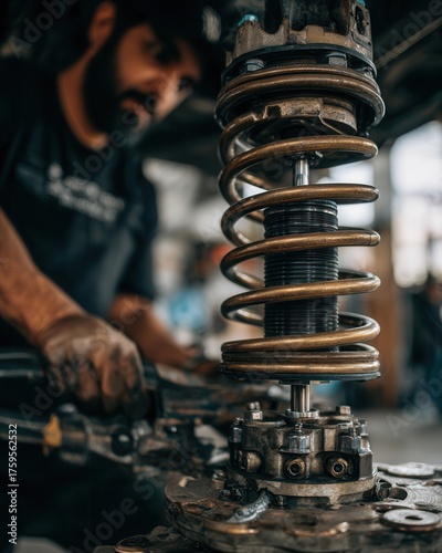 Close-up view of mechanic working on suspension system in garage during busy afternoon