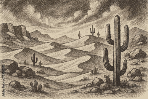 Illustration dramatic sky rocks sketch pencil dunes textures vector desert shaded scene