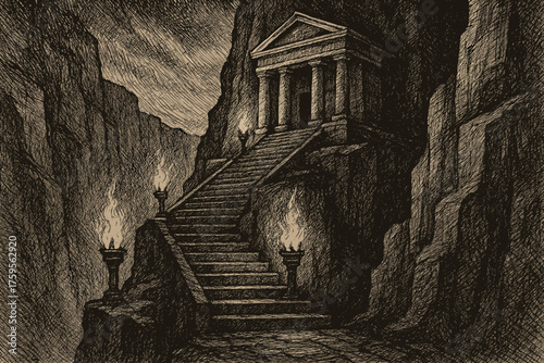 Steps glowing cliffside illumination dramatic torches walls vector illustration shadows textured temple