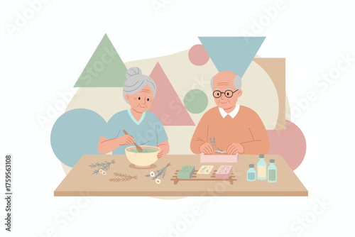 Seniors crafting natural soap enjoying a relaxing hobby and wellness activity together