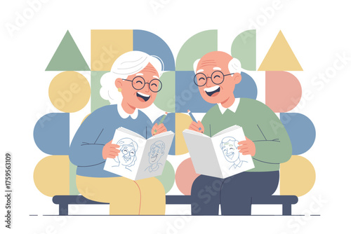 Happy senior couple enjoys coloring for leisure promoting active aging and joyful hobbies