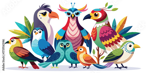 Vector art set of colorful and various cartoon birds featuring eagle, flamingo, owl, and others, perfect for any design needed