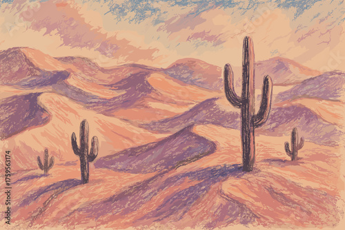 Shadows pastel textured above desert dunes soft illustration cactus vector landscape dramatic