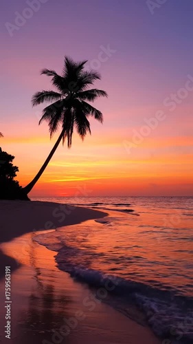Sunset over ocean with palm tree silhouette at twilight colors
