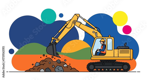 Construction worker operating a yellow excavator digging soil and rocks Industrial development graphic