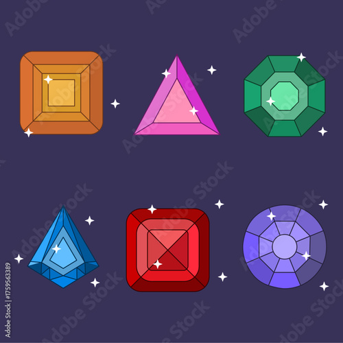 Collection of colored gemstones with outlines on a blue background. Vector flat illustrations of precious stones.