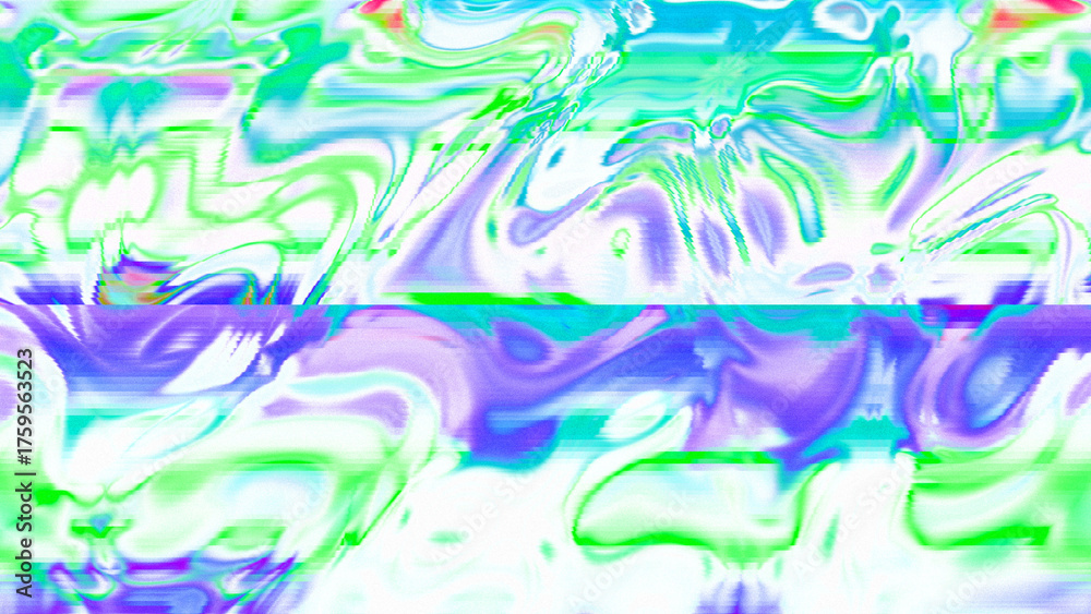 Fototapeta premium Abstract psychedelic glitch waves with neon colors, distorted digital fluid texture and VHS scanline effect