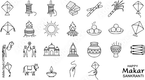 Makar Sankranti festival line icons set with traditional elements like kites, sun, sweets, sugarcane, bonfire, cow, temple, and thread spool. Indian harvest festival symbols.