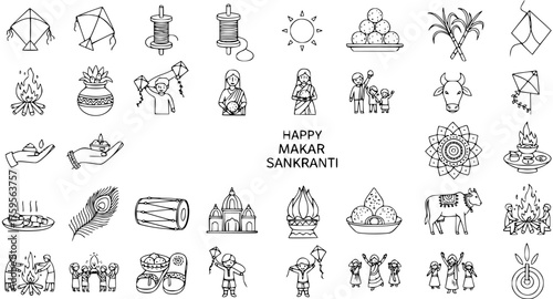 Makar Sankranti Festival Line Art Icons Set. Happy Uttarayan, Pongal, Lohri Holiday Symbols Collection with Kites, Sun, Sweets, Bonfire, and Cows in Outline Style.