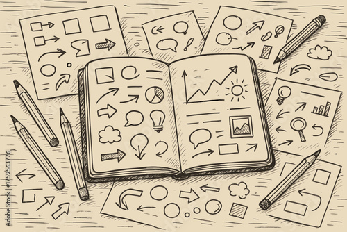 Desk open sketchnote doodles pencils scattered notebook sketches illustration creative vector simple