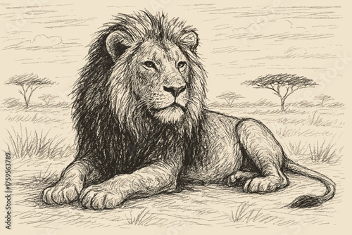 Illustration shaded lion rough mane textured lines ground vector resting broken