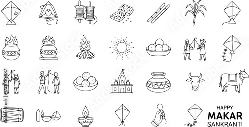 Makar Sankranti and Pongal festival outline icon set. Hindu harvest celebration elements: kites, sweets, sun, bonfire, sugarcane, temple, cow, lamps. Line art vector illustration.
