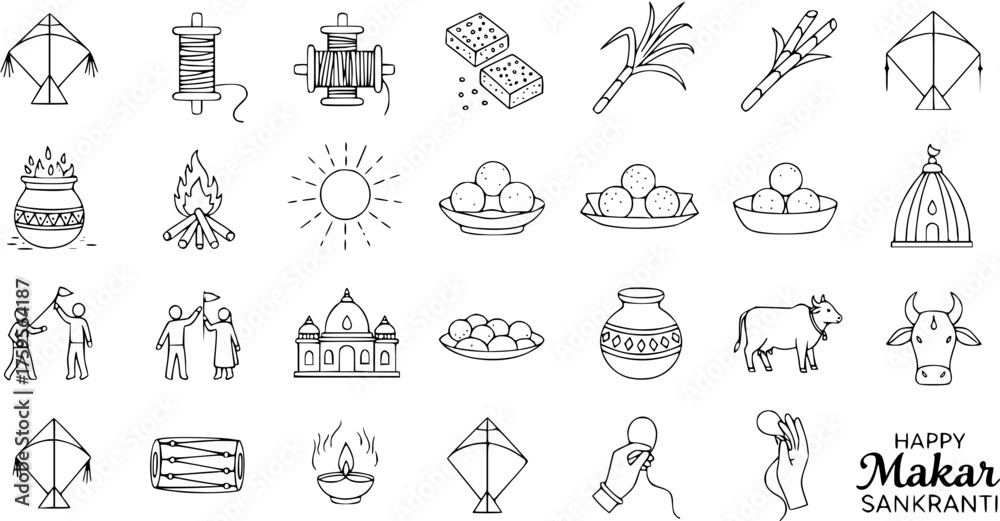 Obraz premium Makar Sankranti, Pongal, Lohri Festival Line Icons Set: Kites, Sun, Sweets, Bonfire, Sugarcane, Cow, Traditional Celebration Vector Art.