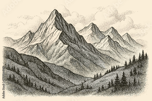 Textures mountain fading slopes range dramatic serenity valleys illustration clouds stippled vector