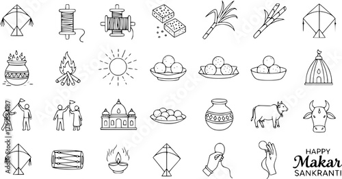 Makar Sankranti, Pongal, Lohri Festival Line Icons Set: Kites, Sun, Sweets, Bonfire, Sugarcane, Cow, Traditional Celebration Vector Art.