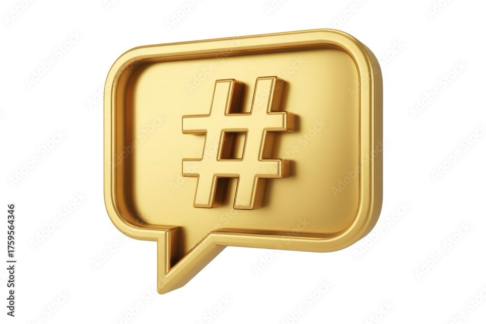 Obraz premium 3D rendered golden hashtag symbol inside a speech bubble, representing social media and online communication. background removed