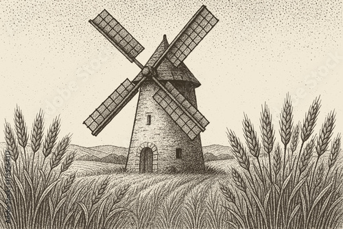 Rustic textures walls among stippled fields vector dotted stipple windmill blades illustration