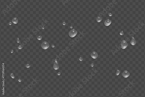 Realistic water drops. fresh aqua drips, clean dew droplets on transparent background.
