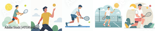 Young Man Playing Tennis with Racket Outdoors – Active Sport Athlete Illustration